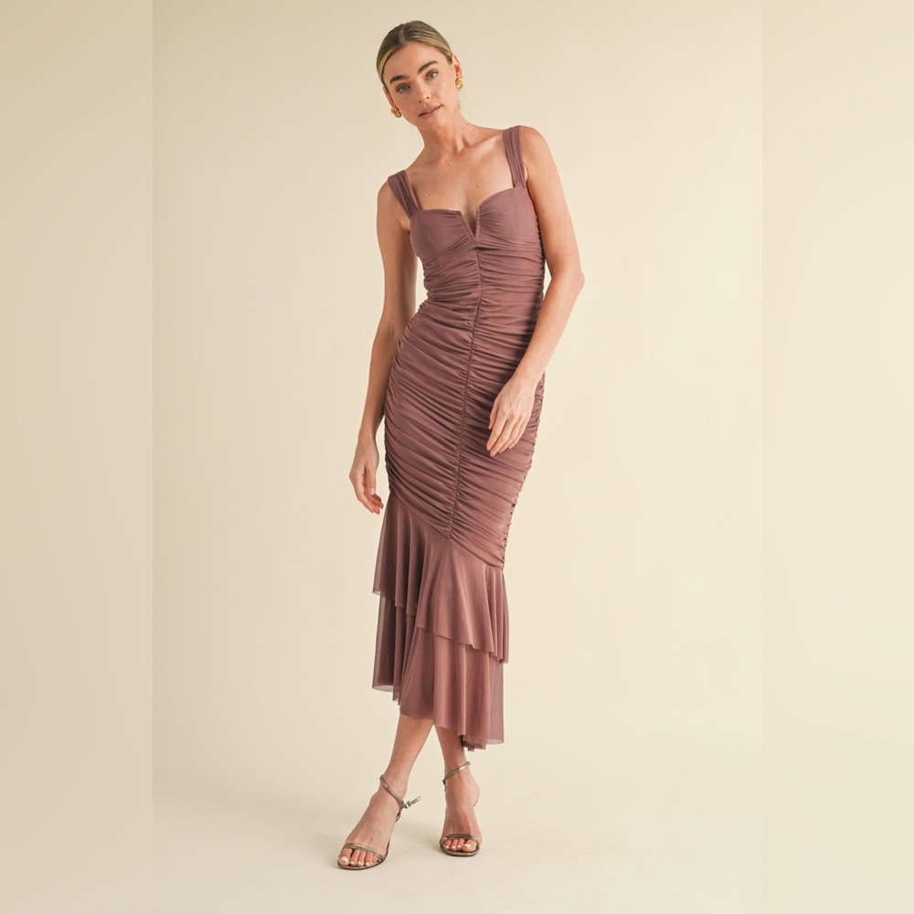 MABLE Ruched Fishtail Midi Dress - Picture 2 of 4